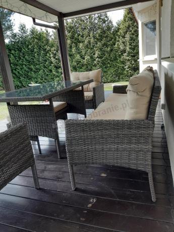 Meble ogrodowe z sofą 175cm, wysokim stołem, fotelami i pufami Perata Dining Brown