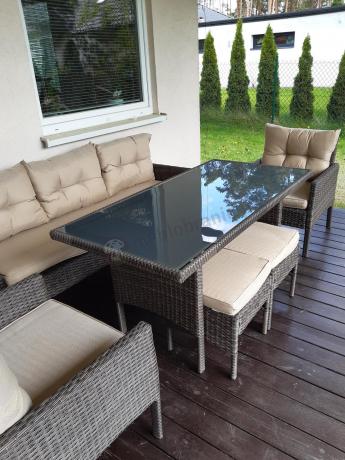 Meble ogrodowe z sofą 175cm, wysokim stołem, fotelami i pufami Perata Dining Brown