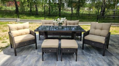 Meble ogrodowe z sofą 175cm, wysokim stołem, fotelami i pufami Perata Dining Brown