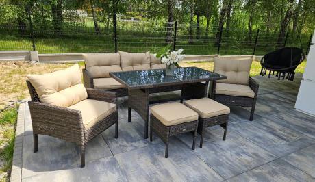 Meble ogrodowe z sofą 175cm, wysokim stołem, fotelami i pufami Perata Dining Brown