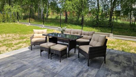Meble ogrodowe z sofą 175cm, wysokim stołem, fotelami i pufami Perata Dining Brown