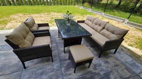 Meble ogrodowe z sofą 175cm, wysokim stołem, fotelami i pufami Perata Dining Brown