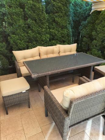Meble ogrodowe z sofą 175cm, wysokim stołem, fotelami i pufami Perata Dining Brown