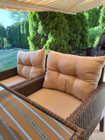 Meble ogrodowe z sofą 175cm, wysokim stołem, fotelami i pufami Perata Dining Brown