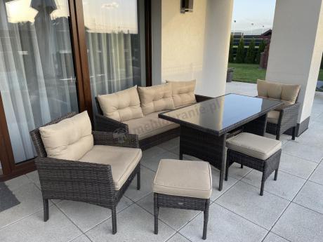 Meble ogrodowe z sofą 175cm, wysokim stołem, fotelami i pufami Perata Dining Brown