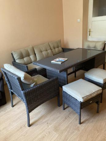 Meble ogrodowe z sofą 175cm, wysokim stołem, fotelami i pufami Perata Dining Brown