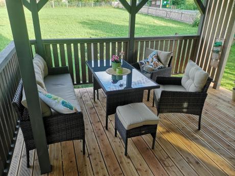 Meble ogrodowe z sofą 175cm, wysokim stołem, fotelami i pufami Perata Dining Brown