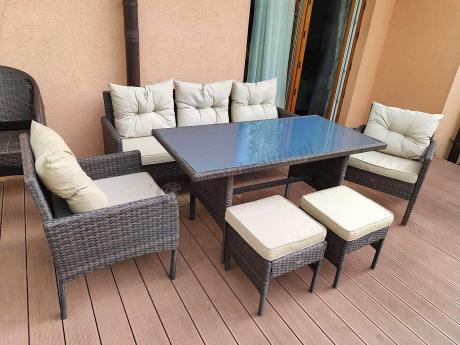 Meble ogrodowe z sofą 175cm, wysokim stołem, fotelami i pufami Perata Dining Brown