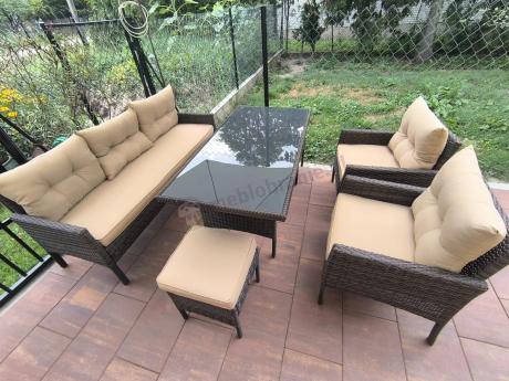 Meble ogrodowe z sofą 175cm, wysokim stołem, fotelami i pufami Perata Dining Brown