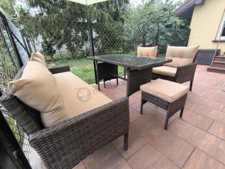 Meble ogrodowe z sofą 175cm, wysokim stołem, fotelami i pufami Perata Dining Brown
