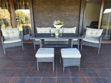 Meble ogrodowe z sofą 175cm, wysokim stołem, fotelami i pufami Perata Dining Brown