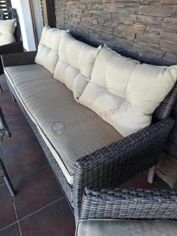 Meble ogrodowe z sofą 175cm, wysokim stołem, fotelami i pufami Perata Dining Brown
