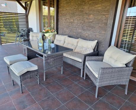 Meble ogrodowe z sofą 175cm, wysokim stołem, fotelami i pufami Perata Dining Brown