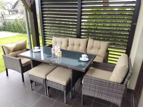 Meble ogrodowe z sofą 175cm, wysokim stołem, fotelami i pufami Perata Dining Brown