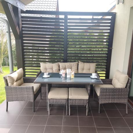 Meble ogrodowe z sofą 175cm, wysokim stołem, fotelami i pufami Perata Dining Brown
