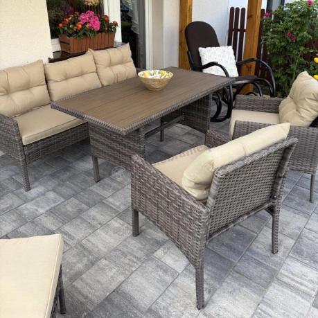 Meble ogrodowe z sofą 175cm, wysokim stołem polywood, fotelami i pufami Perata Dining Brown