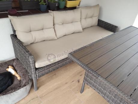 Meble ogrodowe z sofą 175cm, wysokim stołem polywood, fotelami i pufami Perata Dining Brown