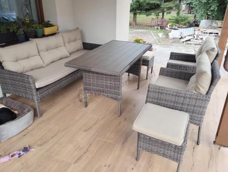 Meble ogrodowe z sofą 175cm, wysokim stołem polywood, fotelami i pufami Perata Dining Brown