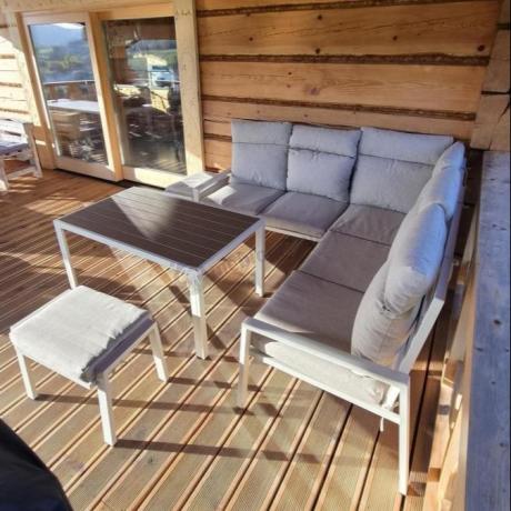 Meble tarasowe metalowe - narożnik 184x184cm, pufy i stół 120cm - Doros Corner - Polywood Cream