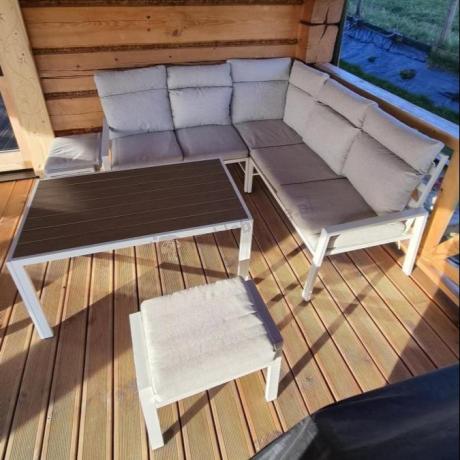 Meble tarasowe metalowe - narożnik 184x184cm, pufy i stół 120cm - Doros Corner - Polywood Cream