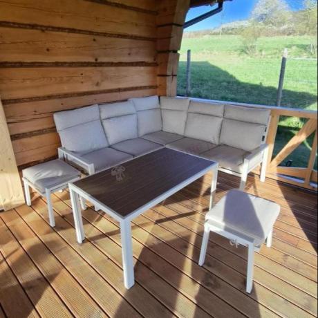 Meble tarasowe metalowe - narożnik 184x184cm, pufy i stół 120cm - Doros Corner - Polywood Cream
