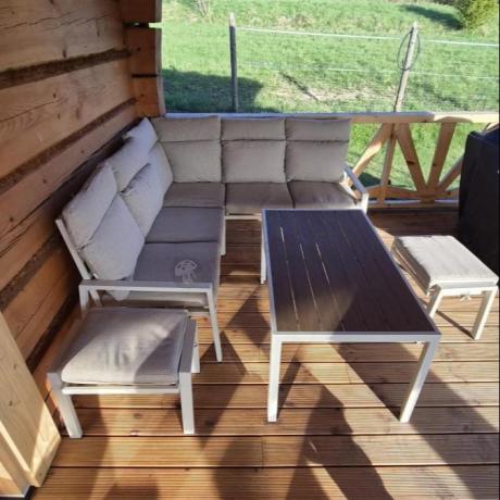 Meble tarasowe metalowe - narożnik 184x184cm, pufy i stół 120cm - Doros Corner - Polywood Cream
