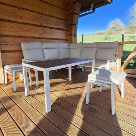 Meble tarasowe metalowe - narożnik 184x184cm, pufy i stół 120cm - Doros Corner - Polywood Cream
