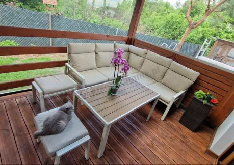 Meble tarasowe metalowe - narożnik 184x184cm, pufy i stół 120cm - Doros Corner - Polywood Cream