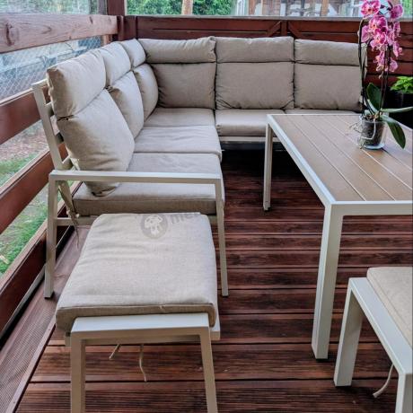 Meble tarasowe metalowe - narożnik 184x184cm, pufy i stół 120cm - Doros Corner - Polywood Cream