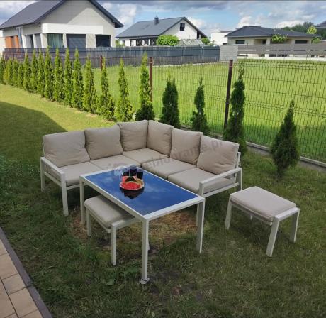 Meble tarasowe metalowe - narożnik 184x184cm, pufy i stół 120cm - Sodor Corner - Cream