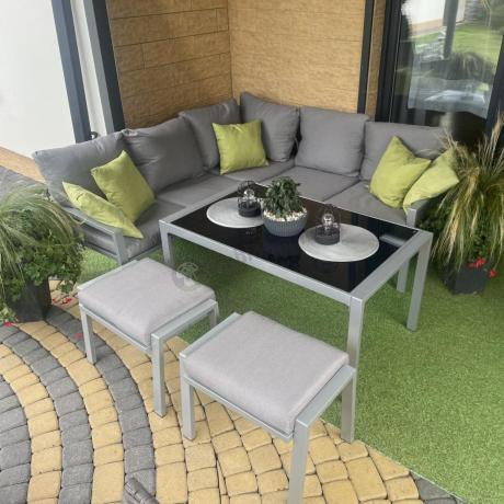 Meble tarasowe metalowe - narożnik 184x184cm, pufy i stół 120cm - Sodor Corner - Silver