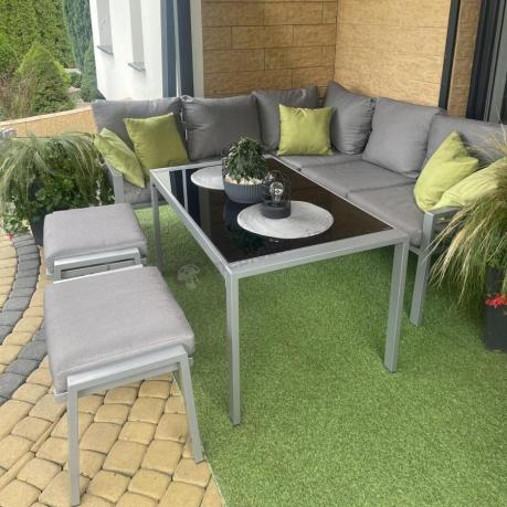 Meble tarasowe metalowe - narożnik 184x184cm, pufy i stół 120cm - Sodor Corner - Silver