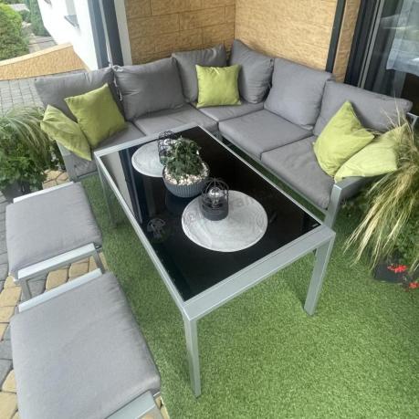 Meble tarasowe metalowe - narożnik 184x184cm, pufy i stół 120cm - Sodor Corner - Silver