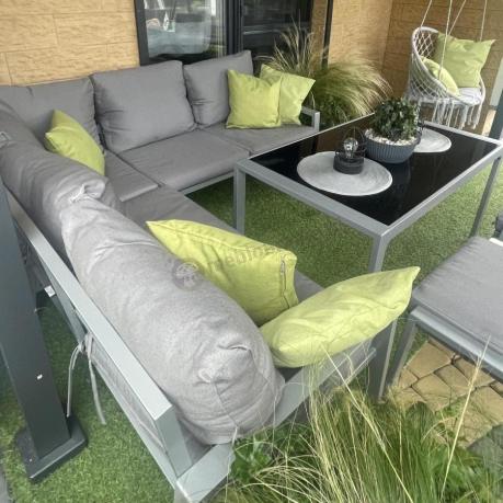 Meble tarasowe metalowe - narożnik 184x184cm, pufy i stół 120cm - Sodor Corner - Silver