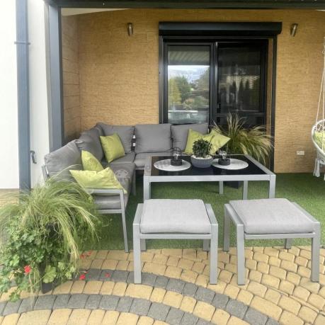 Meble tarasowe metalowe - narożnik 184x184cm, pufy i stół 120cm - Sodor Corner - Silver