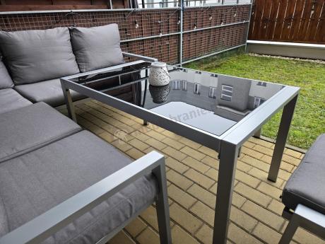 Meble tarasowe metalowe - narożnik 184x184cm, pufy i stół 120cm - Sodor Corner - Silver