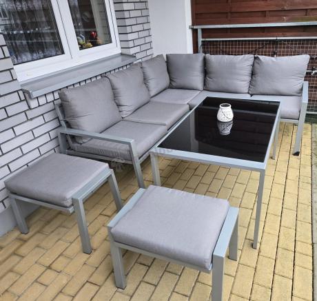 Meble tarasowe metalowe - narożnik 184x184cm, pufy i stół 120cm - Sodor Corner - Silver