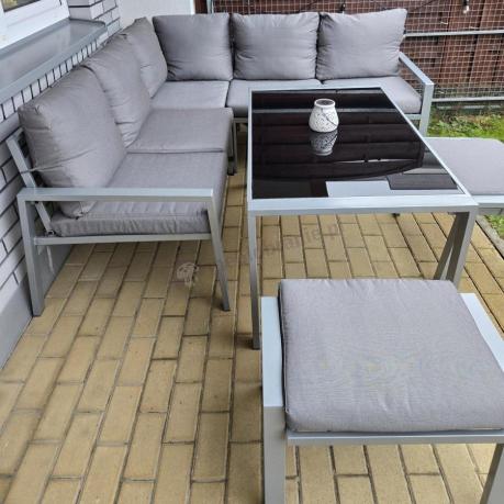 Meble tarasowe metalowe - narożnik 184x184cm, pufy i stół 120cm - Sodor Corner - Silver
