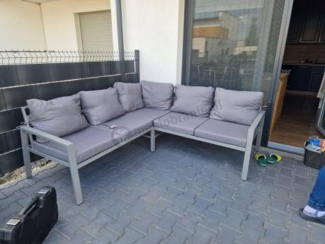 Meble tarasowe metalowe - narożnik 184x184cm, pufy i stół 120cm - Sodor Corner - Silver