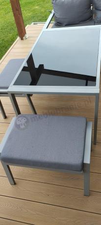 Meble tarasowe metalowe - narożnik 184x184cm, pufy i stół 120cm - Sodor Corner - Silver