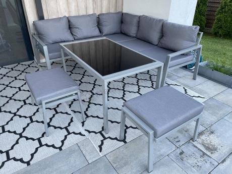Meble tarasowe metalowe - narożnik 184x184cm, pufy i stół 120cm - Sodor Corner - Silver