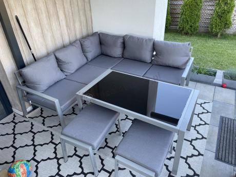 Meble tarasowe metalowe - narożnik 184x184cm, pufy i stół 120cm - Sodor Corner - Silver