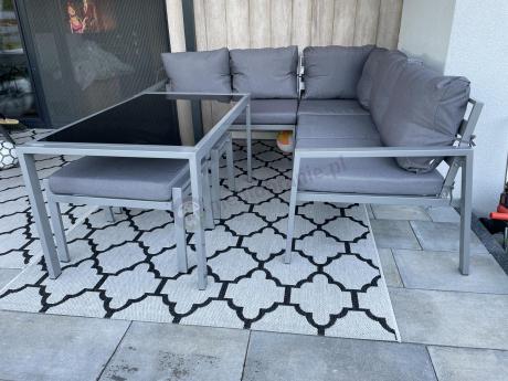 Meble tarasowe metalowe - narożnik 184x184cm, pufy i stół 120cm - Sodor Corner - Silver