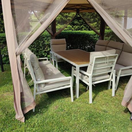 Meble tarasowe wysokie oparcia metalowe z sofami 175cm i wysokim stołem Doros Grande - Polywood Cream