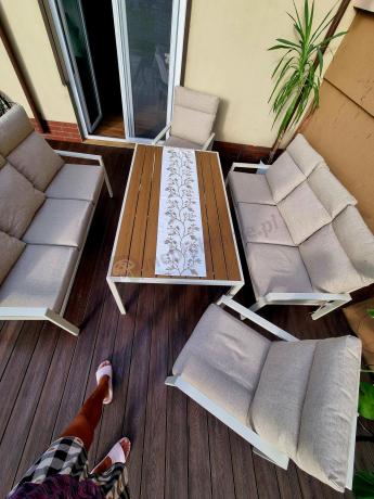 Meble tarasowe wysokie oparcia metalowe z sofami 175cm i wysokim stołem Doros Grande - Polywood Cream