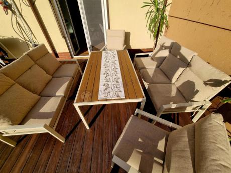 Meble tarasowe wysokie oparcia metalowe z sofami 175cm i wysokim stołem Doros Grande - Polywood Cream