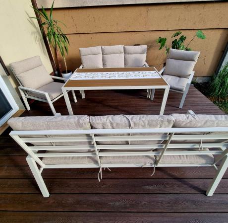 Meble tarasowe wysokie oparcia metalowe z sofami 175cm i wysokim stołem Doros Grande - Polywood Cream