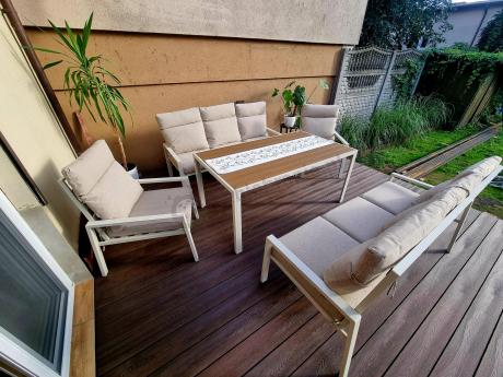 Meble tarasowe wysokie oparcia metalowe z sofami 175cm i wysokim stołem Doros Grande - Polywood Cream