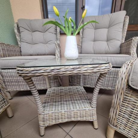 Meble technorattan dwa regulowane fotele + podnóżki + stolik Laritto Duo - Beige