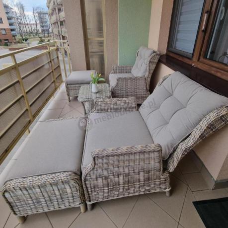 Meble technorattan dwa regulowane fotele + podnóżki + stolik Laritto Duo - Beige